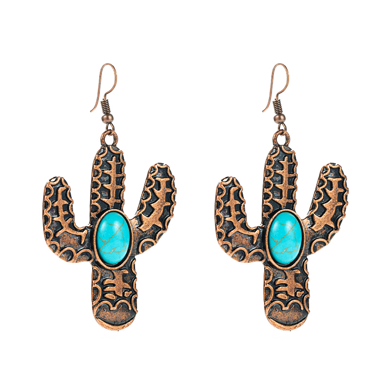 1 Pair Vintage Style Cactus Plating Inlay Alloy Turquoise Rhodium Plated Drop Earrings display picture 6