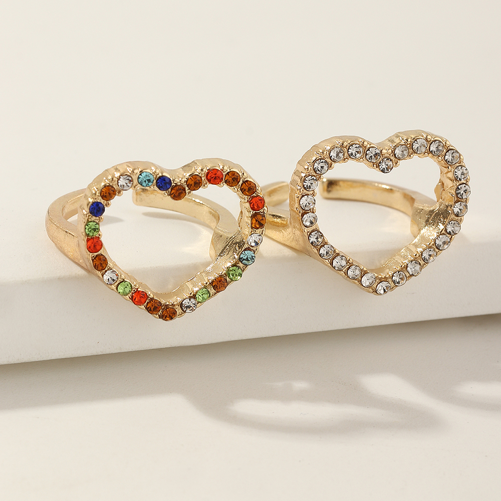 Wholesale Jewelry Hollow Heart Inlaid Color Diamond Open Ring Nihaojewelry display picture 3