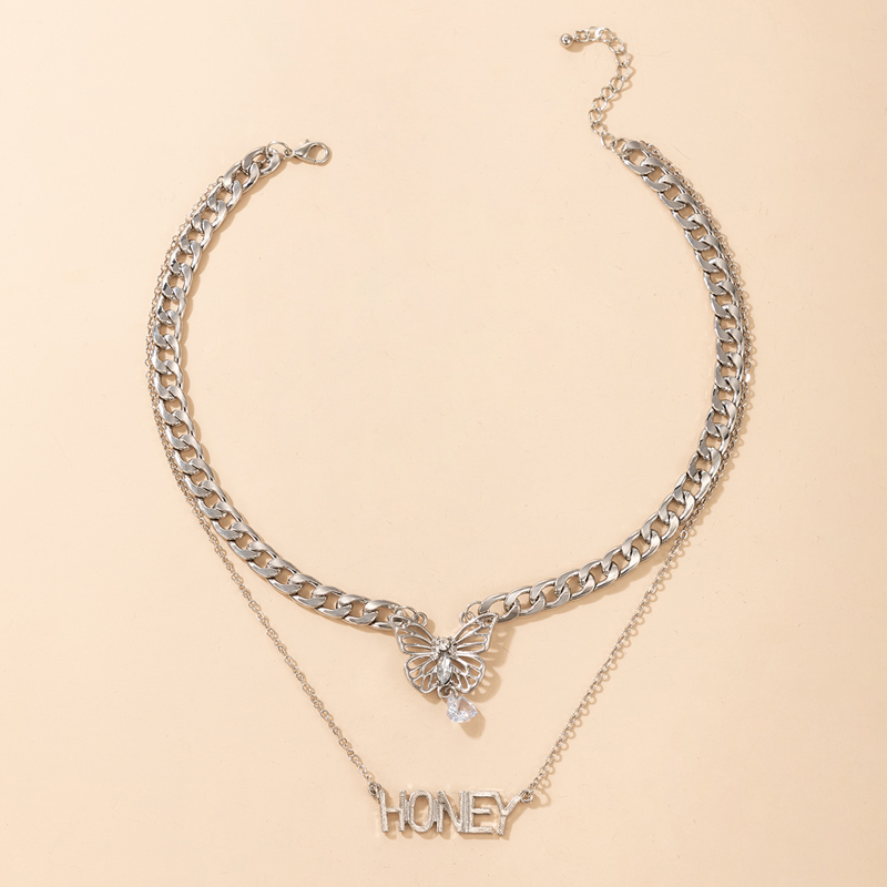 Wholesale Korean Double Layered Letter Butterfly Pendent Multi-layer Necklace Nihaojewelry display picture 1