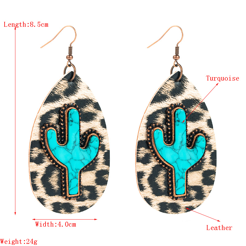 Wholesale Retro Leather Cactus Turquoise Earrings Nihaojewelry display picture 1