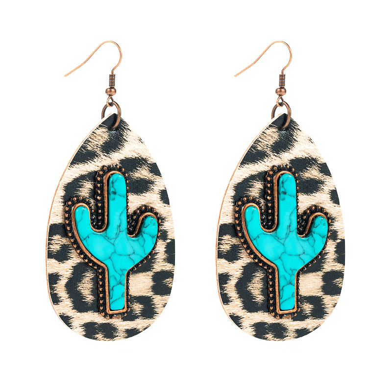 Wholesale Retro Leather Cactus Turquoise Earrings Nihaojewelry display picture 7