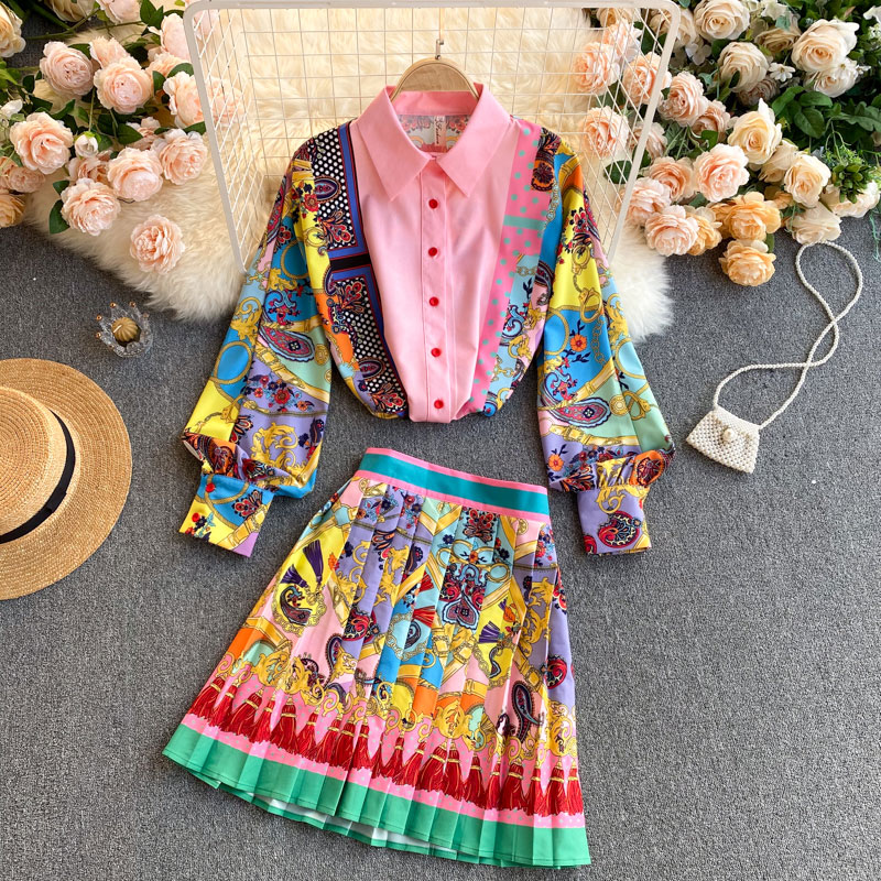 Wholesale Ethnic Style Printed High-waist Pleated Skirt Shirt Suit Nihaojewelry display picture 1