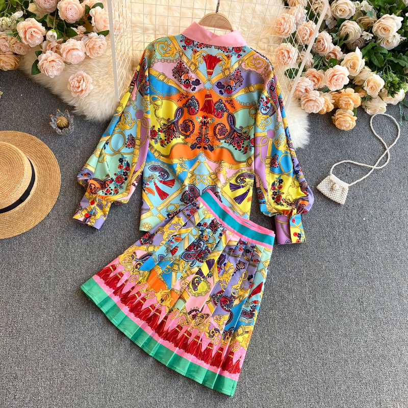 Wholesale Ethnic Style Printed High-waist Pleated Skirt Shirt Suit Nihaojewelry display picture 4
