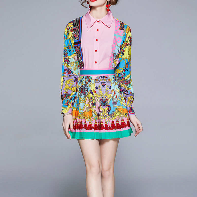Wholesale Ethnic Style Printed High-waist Pleated Skirt Shirt Suit Nihaojewelry display picture 6