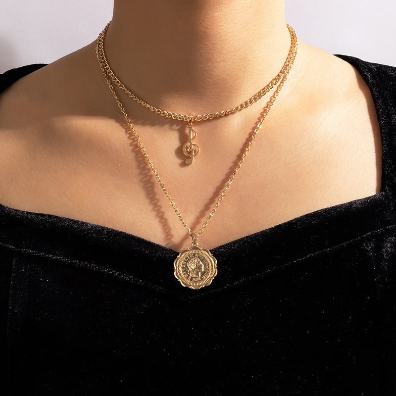 Nihaojewelry Wholesale Jewelry Golden Round Portrait Musical Note Pendent Double Layer Necklace display picture 3