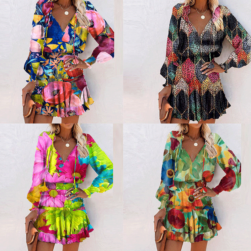 Wholesale V-neck Splicing Ruffled Colorful Flower Print Long-sleeved Short Dress Nihaojewelry display picture 1