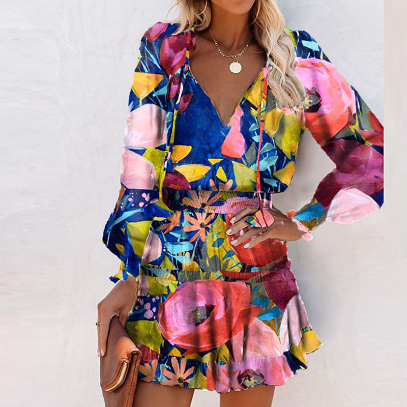 Wholesale V-neck Splicing Ruffled Colorful Flower Print Long-sleeved Short Dress Nihaojewelry display picture 2