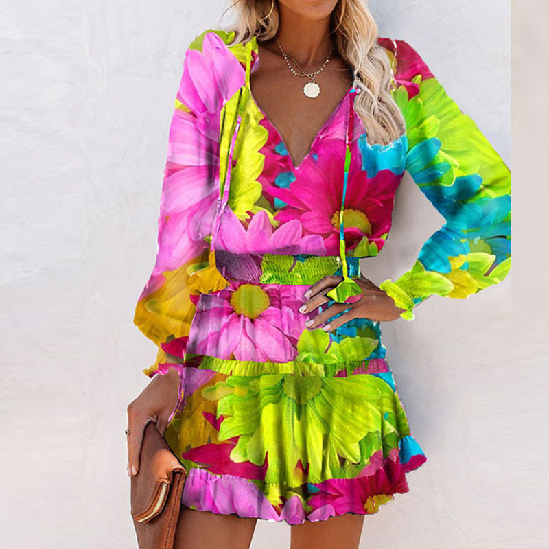 Wholesale V-neck Splicing Ruffled Colorful Flower Print Long-sleeved Short Dress Nihaojewelry display picture 4
