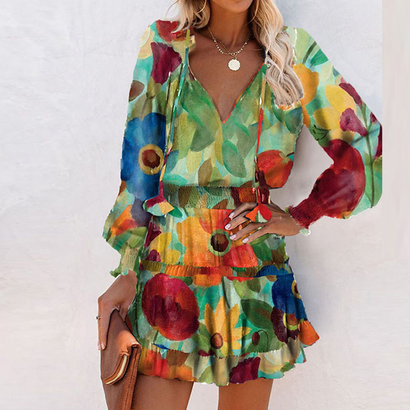 Wholesale V-neck Splicing Ruffled Colorful Flower Print Long-sleeved Short Dress Nihaojewelry display picture 5