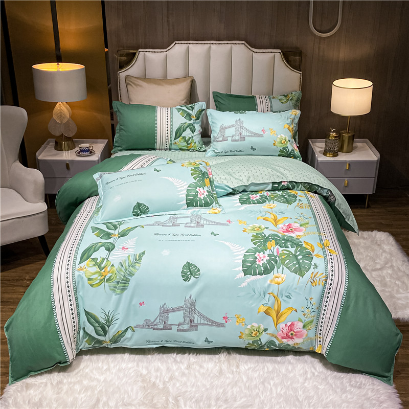 Al Por Mayor Planta Hojas Estampado De Flores Ropa De Cama Verde Juego De Cuatro Piezas Nihaojewelry display picture 4