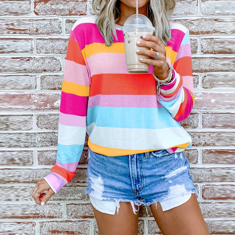 Wholesale Multi-color Stripe Print Round Neck Long Sleeve Bloose Nihaojewelry display picture 6