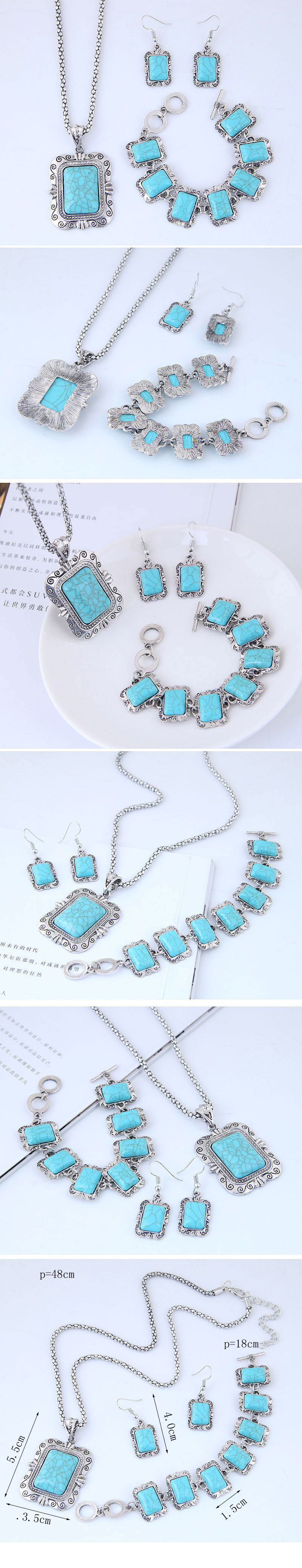 Fashion Metal Inlaid Turquoise Pendent Necklace Earrings Bracelet Set Wholesale Nihaojewelry display picture 1