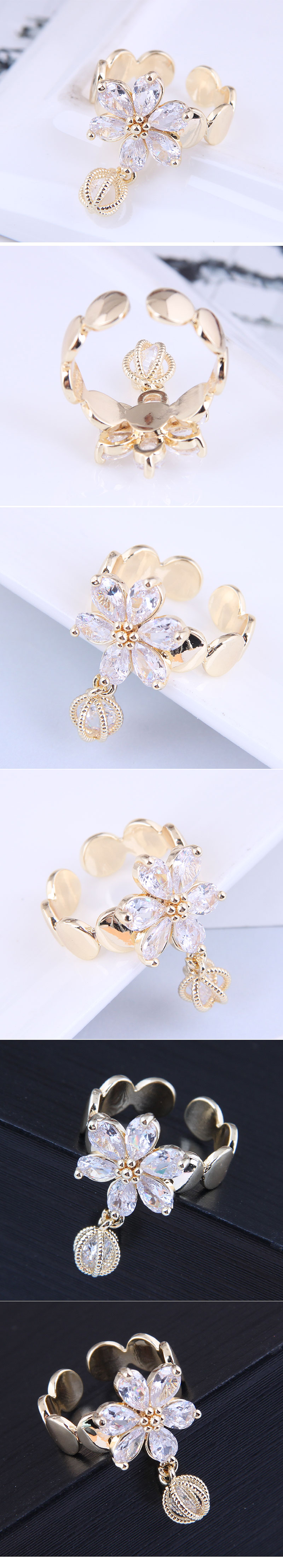 Koreanische Vergoldete Eingelegte Zirkoniumblüten Lassen Offene Ringe Fallen Großhandel Nihaojewelry display picture 1