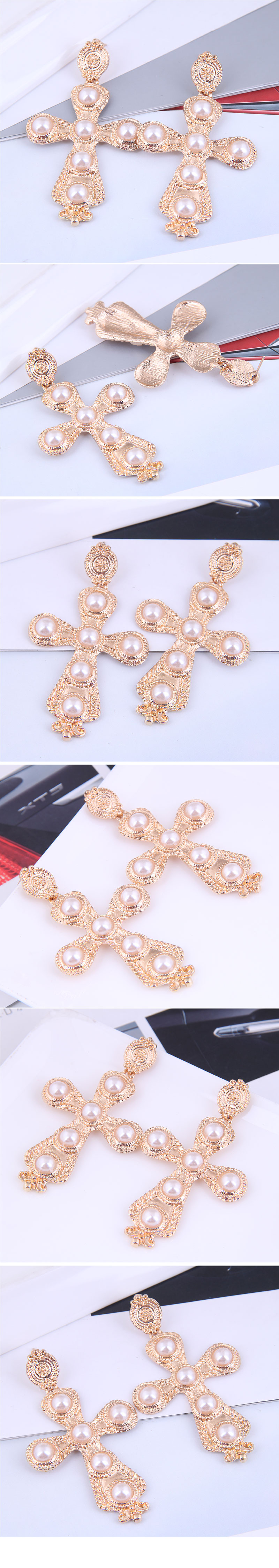 Fashion Metal Cross Inlaid Pearl Earrings Wholesale Nihaojewelry display picture 1