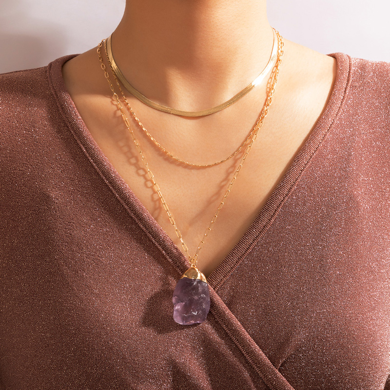 New Purple Natural Stone Pendent Multi-layer Golden Necklace Wholesale Nihaojewelry display picture 7