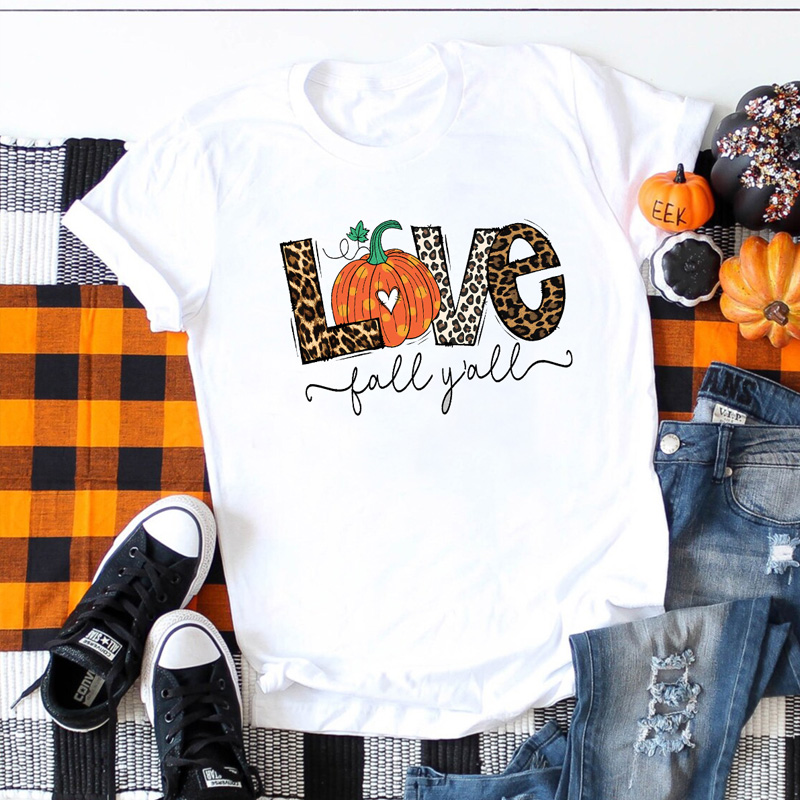 Women's T-shirt Short Sleeve T-shirts Printing Fashion Pumpkin Letter Leopard display picture 4