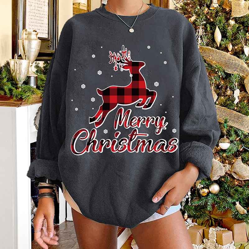 Round Neck Christmas Elk Plaid Print Long-sleeved Pullover Sweater Wholesale Nihaojewelry display picture 2
