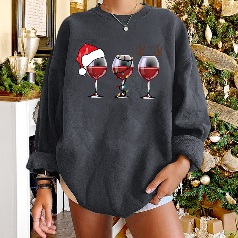 Round Neck Christmas Hat Wine Cup Print Long-sleeved Sweater Wholesale Nihaojewelry display picture 1