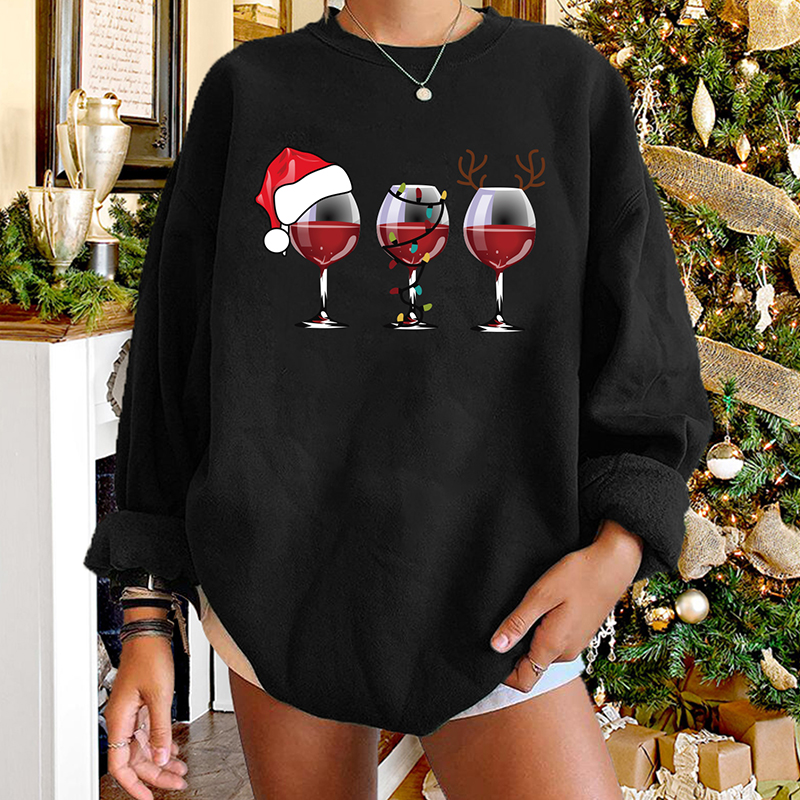 Round Neck Christmas Hat Wine Cup Print Long-sleeved Sweater Wholesale Nihaojewelry display picture 3