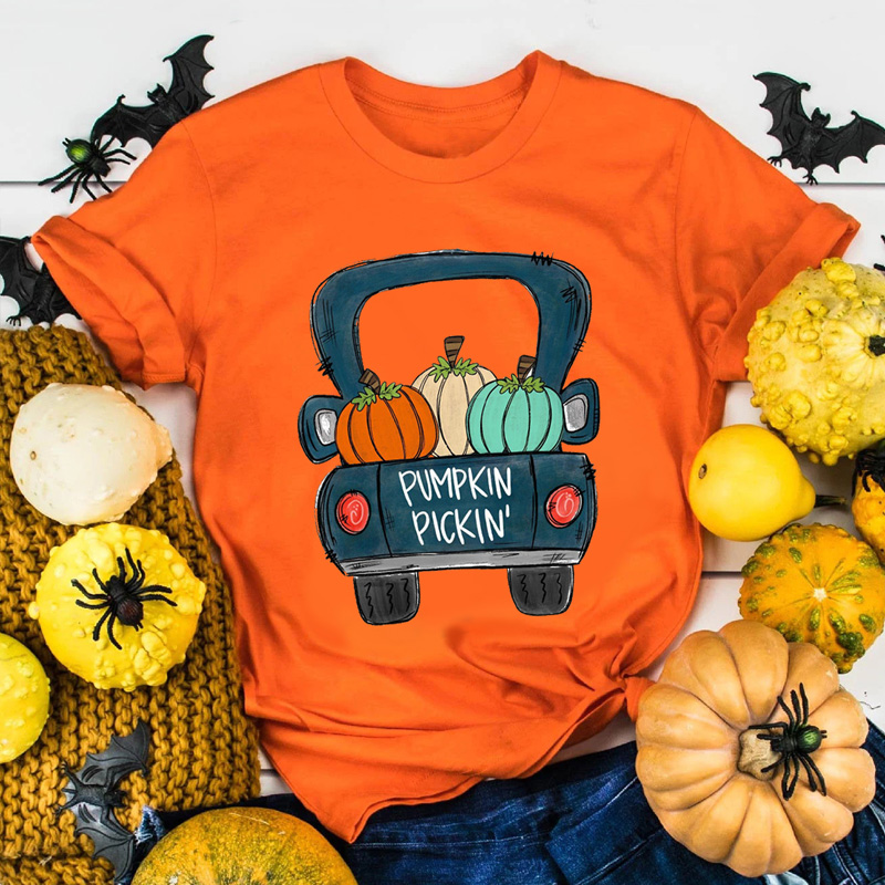 Women's T-shirt Short Sleeve T-shirts Printing Fashion Pumpkin Car display picture 5