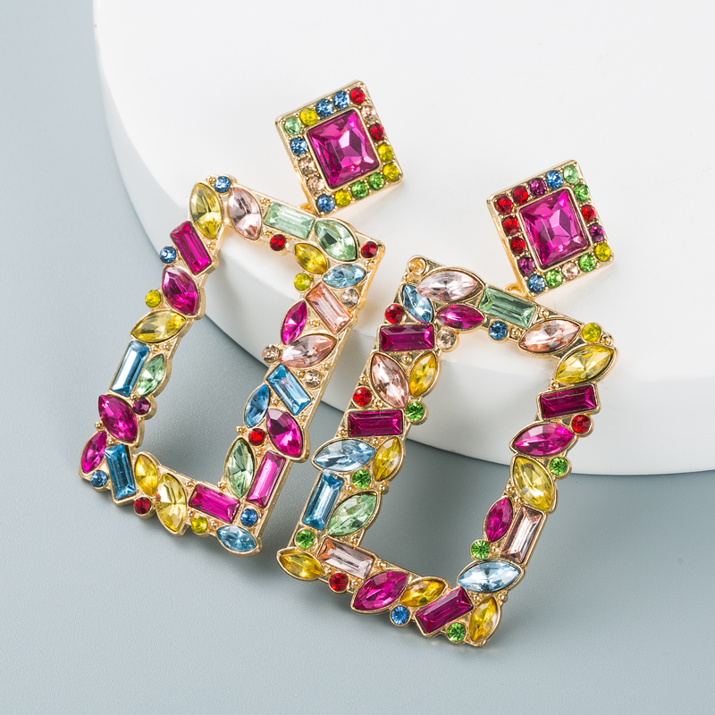 Fashion Geometric Square Alloy Inlaid Color Rhinestones Earrings Wholesale Nihaojewelry display picture 4