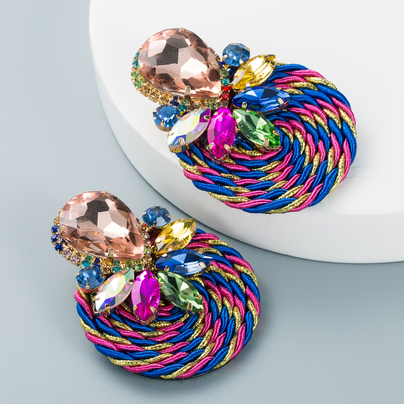 Big Drop Colored Glass Diamond Elastic Rope Braided Earrings Wholesale Nihaojewelry display picture 3