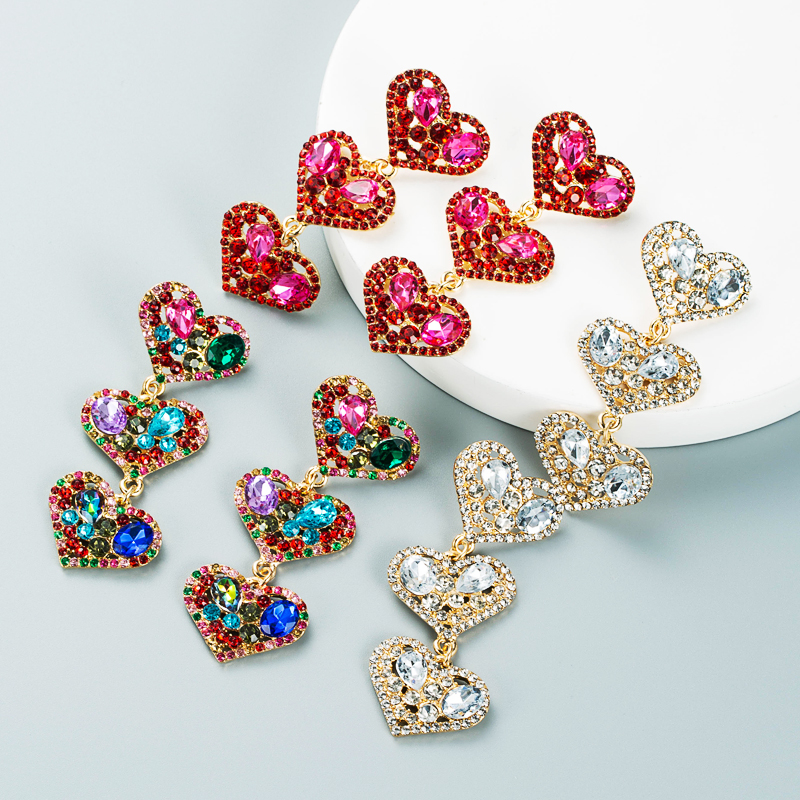 Multi-layer Heart-shaped Alloy Diamond Long Earrings Wholesale Nihaojewelry display picture 2