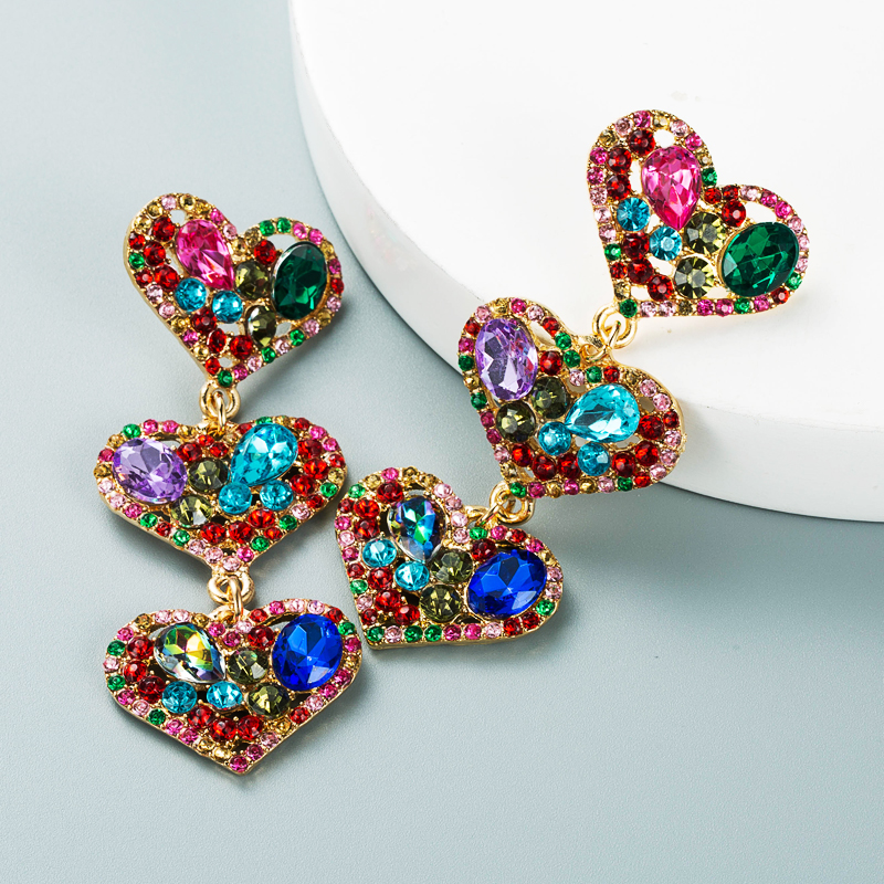 Multi-layer Heart-shaped Alloy Diamond Long Earrings Wholesale Nihaojewelry display picture 5