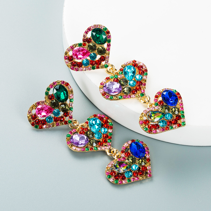 Mehrschichtige Herzförmige Legierung Diamant Lange Ohrringe Großhandel Nihaojewelry display picture 6