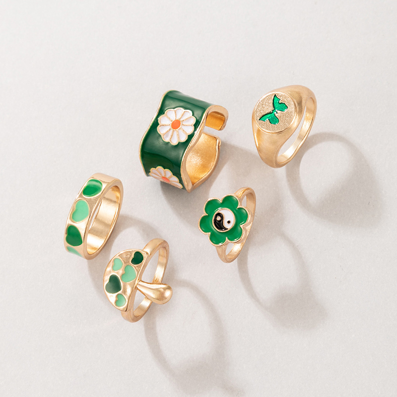 Wholesale Retro Green Series Flower Mushroom Sweetheart Butterfly Ring Five-piece Set Nihaojewelry display picture 1