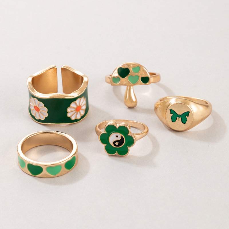 Wholesale Retro Green Series Flower Mushroom Sweetheart Butterfly Ring Five-piece Set Nihaojewelry display picture 2