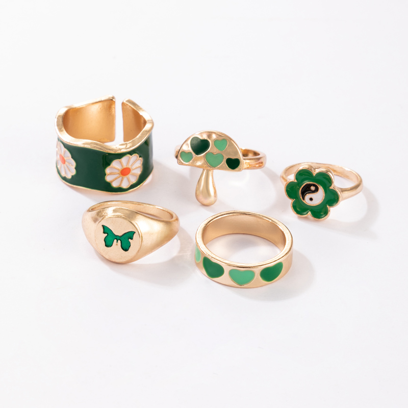 Wholesale Retro Green Series Flower Mushroom Sweetheart Butterfly Ring Five-piece Set Nihaojewelry display picture 7