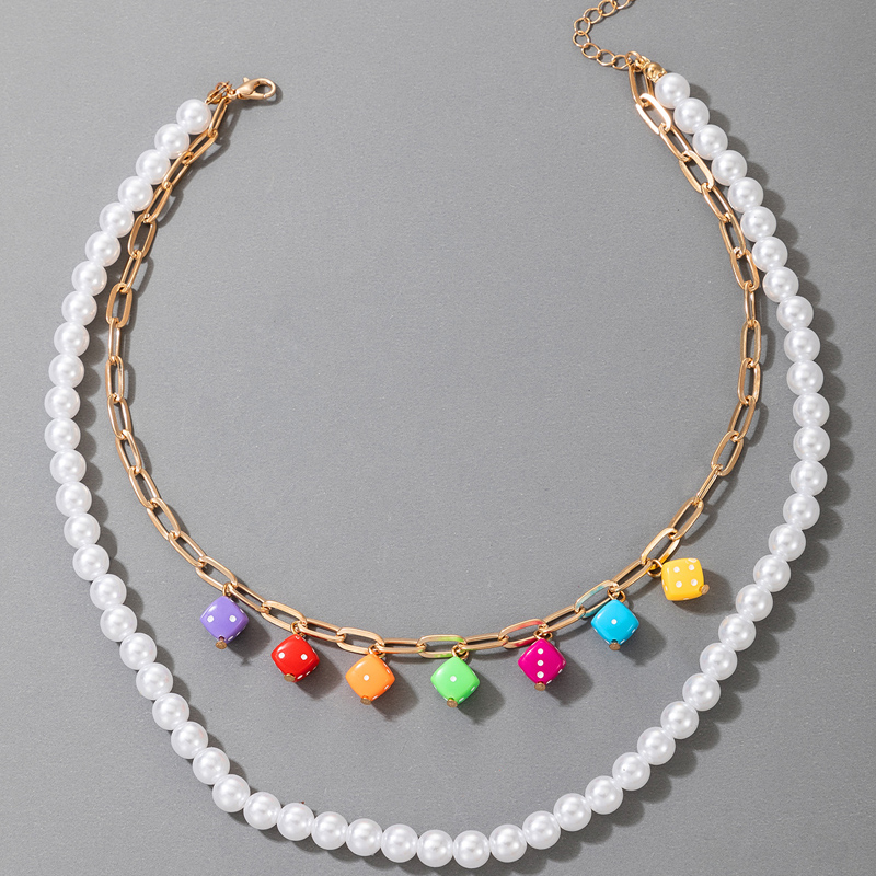 Wholesale Bohemian Style Colored Acrylic Dice Imitation Pearl Multi-layer Necklace Nihaojewelry display picture 1