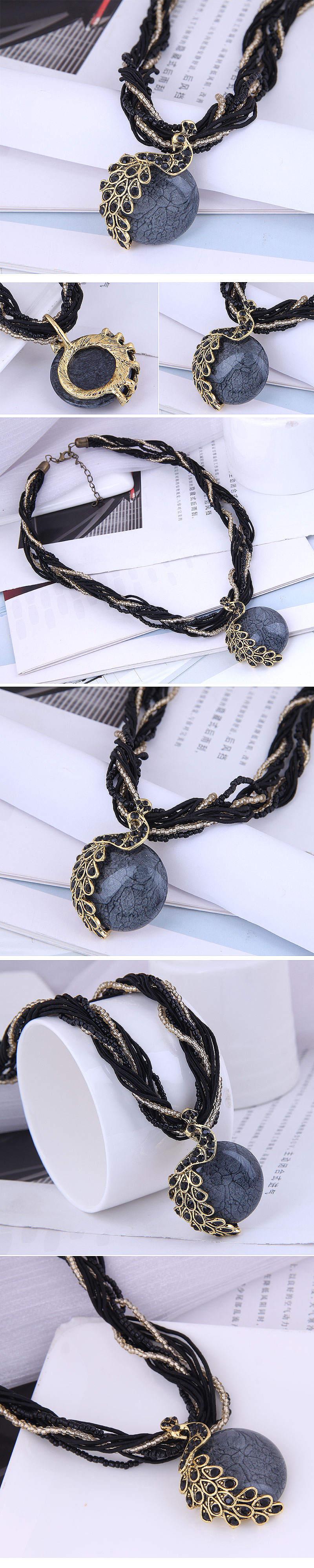 Bohemian Style Peacock Gem Pendent Multi-layer Braided Necklace Wholesale Nihaojewelry display picture 1