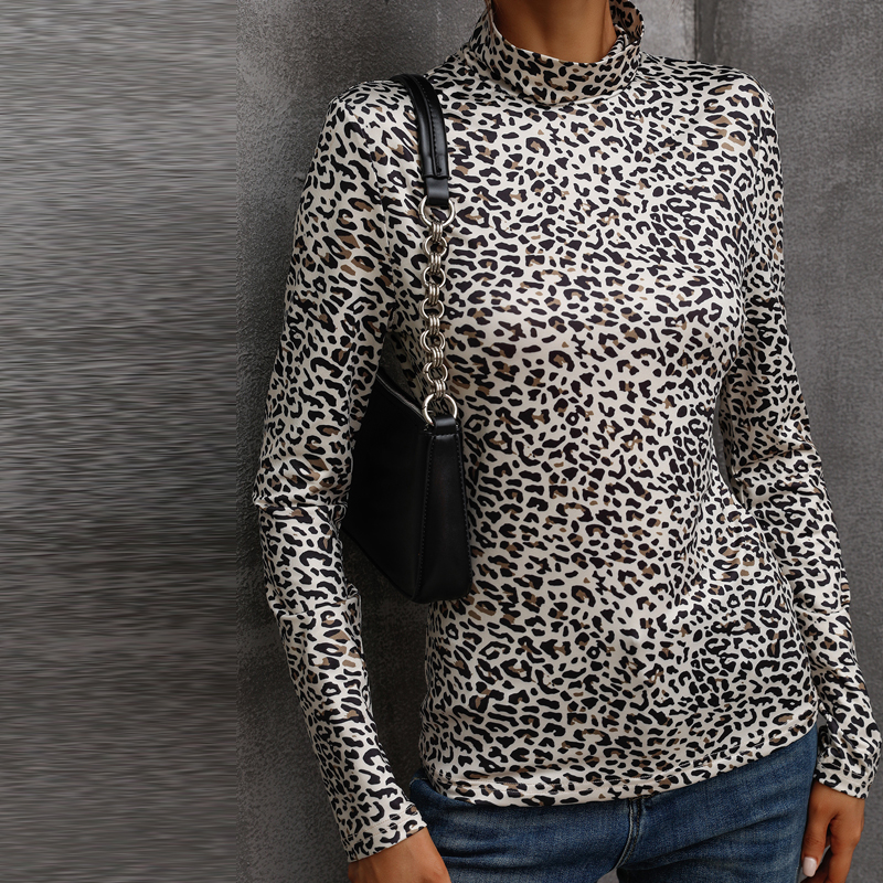 2021 White Leopard Print High Neck Bottoming Shirt Blouse Chiffon Shirt display picture 2