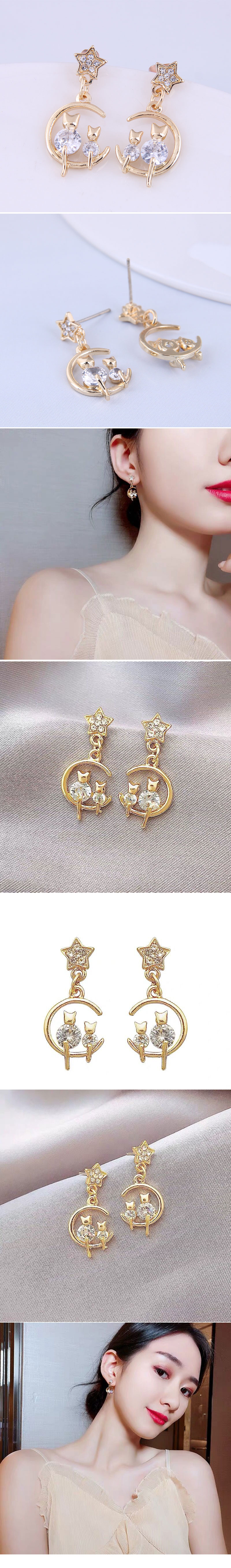 Korean Style Cute Cat Rhinestone Pendant Earrings Wholesale Nihaojewelry display picture 1