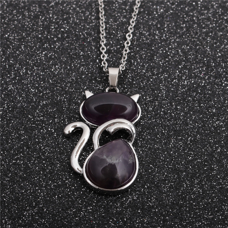 Casual Cute Cat Stainless Steel Plating Inlay Natural Stone Crystal Glass Pendant Necklace Long Necklace display picture 4