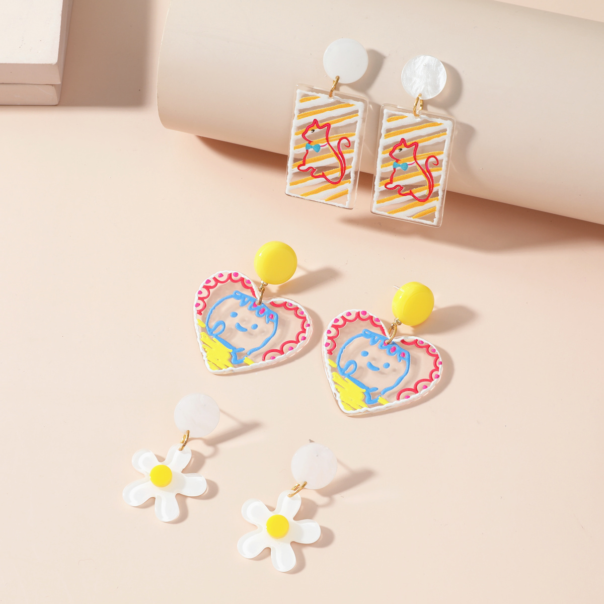Fashion Cute Acrylic Coloful Puppy Heart Flower Earrings Set 3 Pairs Wholesale Nihaojewelry display picture 4