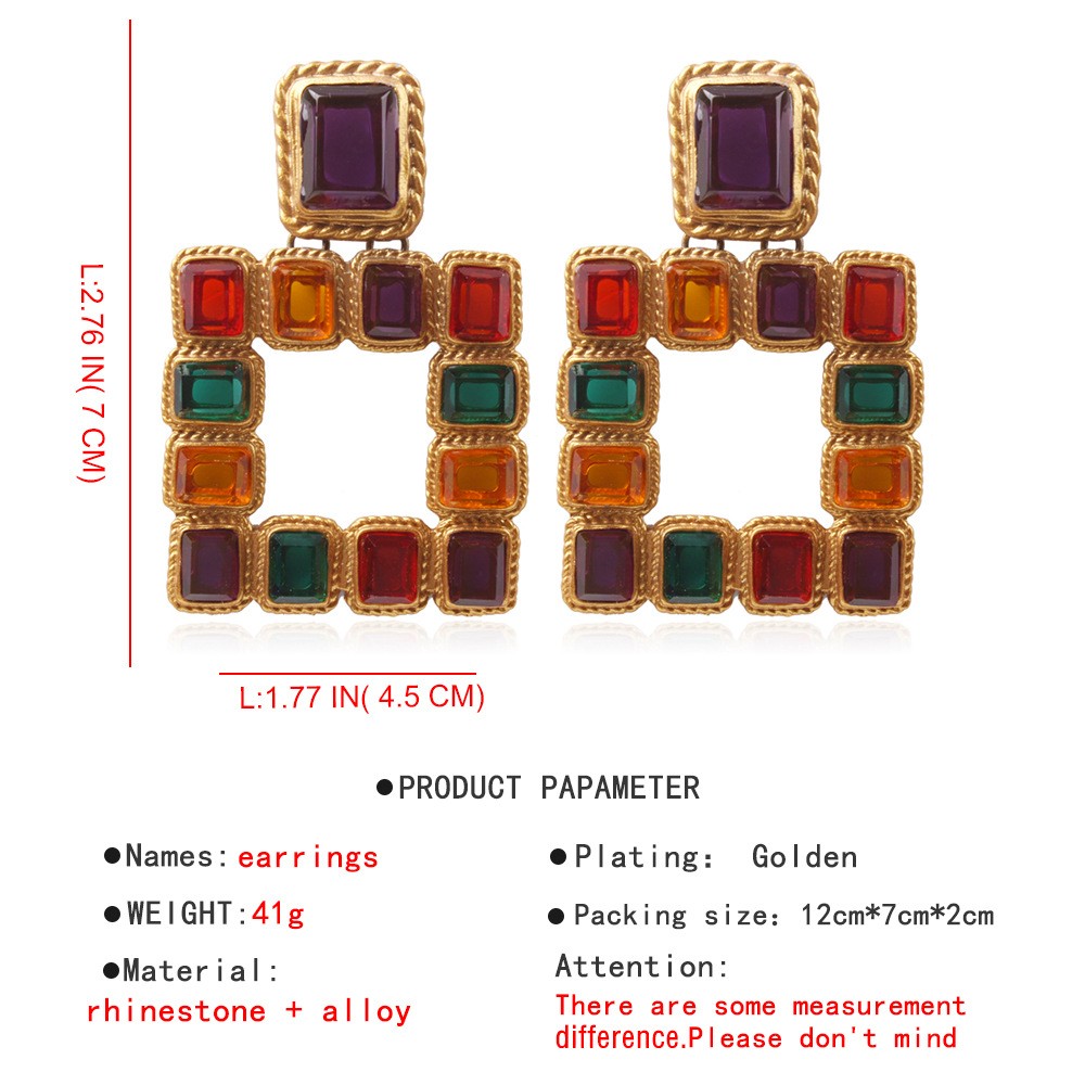 Retro Color Crystal Hollow Square Pendant Earrings Wholesale Nihaojewelry display picture 1
