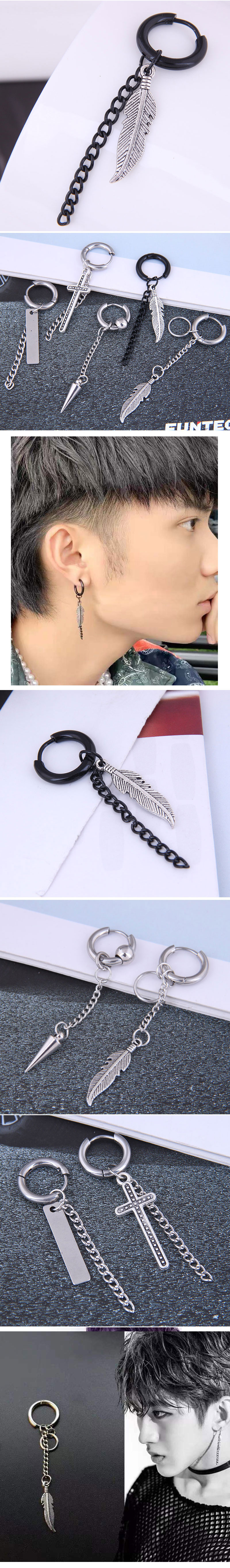 Simple Contrast Color Titanium Steel Feather Single Ear Buckle Wholesale Nihaojewelry display picture 1