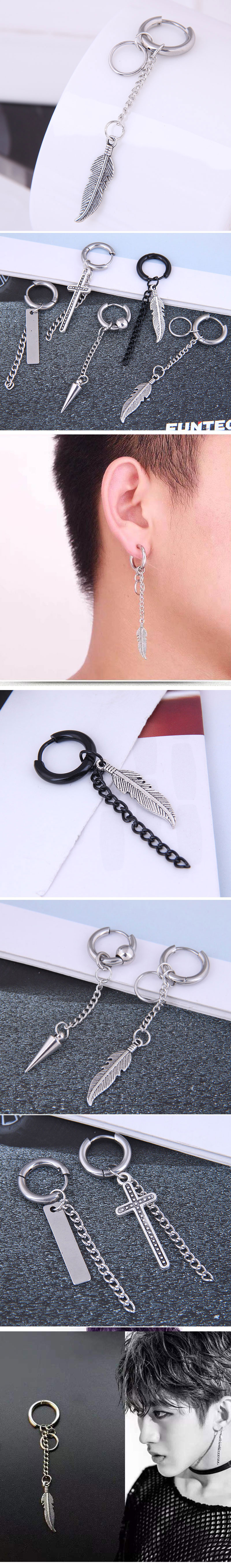 Hip-hop Titanium Steel Feather Single Long Ear Buckle Wholesale Nihaojewelry display picture 1