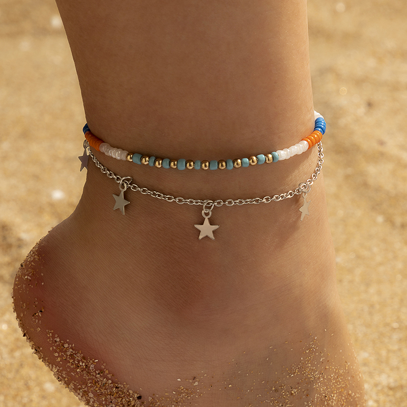 Bohemian Style Multi-color Mixed Wear Rice Bead Multi-layer Anklet Star Double-layer Anklet display picture 1