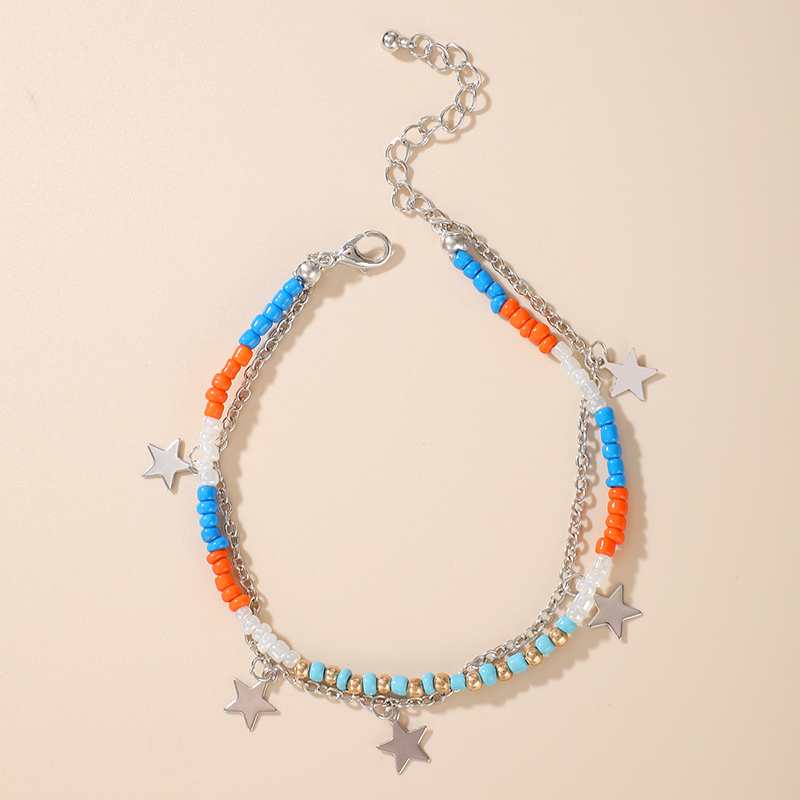Bohemian Style Multi-color Mixed Wear Rice Bead Multi-layer Anklet Star Double-layer Anklet display picture 2