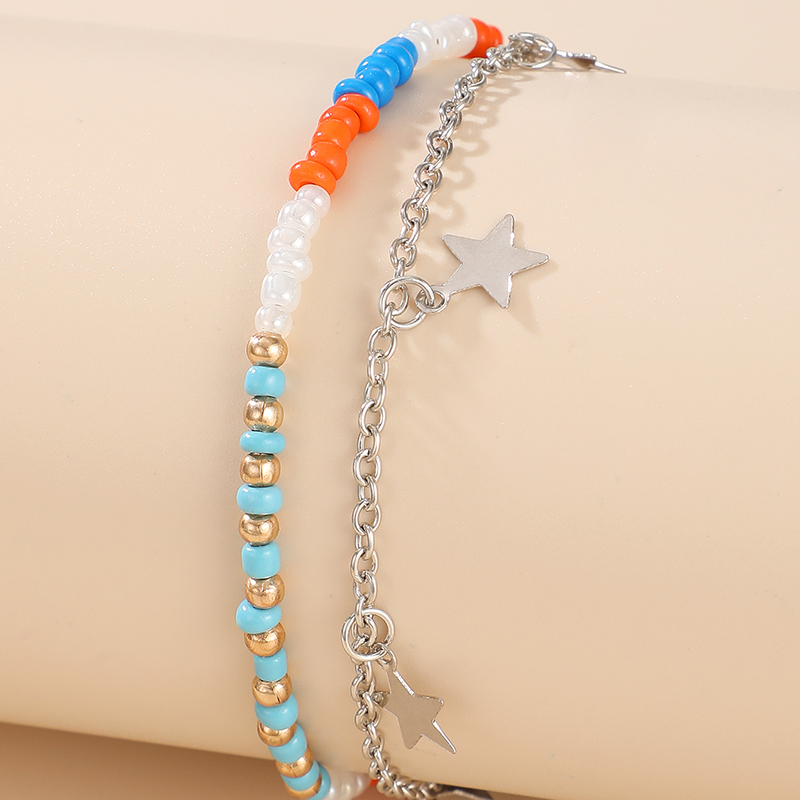 Bohemian Style Multi-color Mixed Wear Rice Bead Multi-layer Anklet Star Double-layer Anklet display picture 3