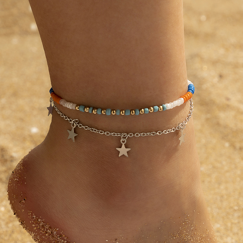 Bohemian Style Multi-color Mixed Wear Rice Bead Multi-layer Anklet Star Double-layer Anklet display picture 6