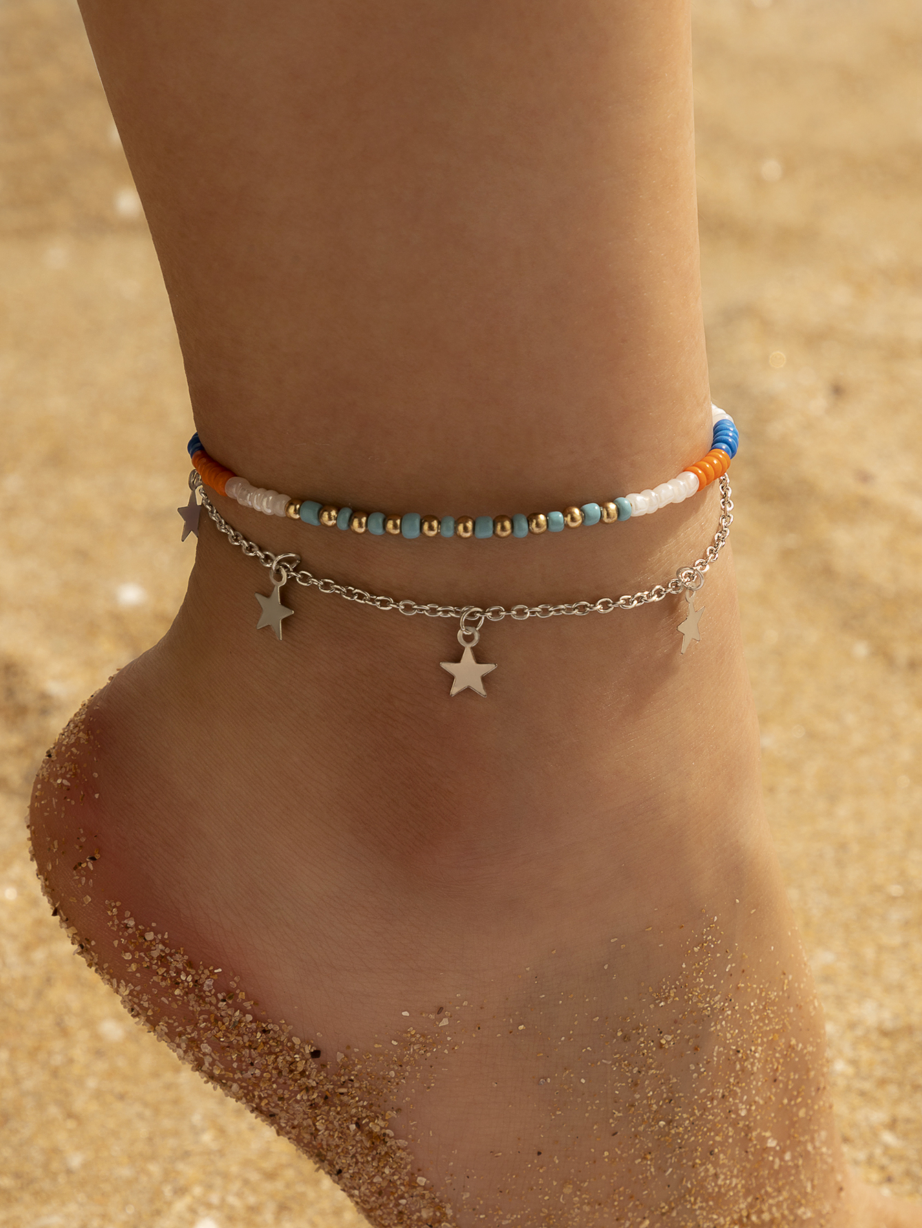 Bohemian Style Multi-color Mixed Wear Rice Bead Multi-layer Anklet Star Double-layer Anklet display picture 7