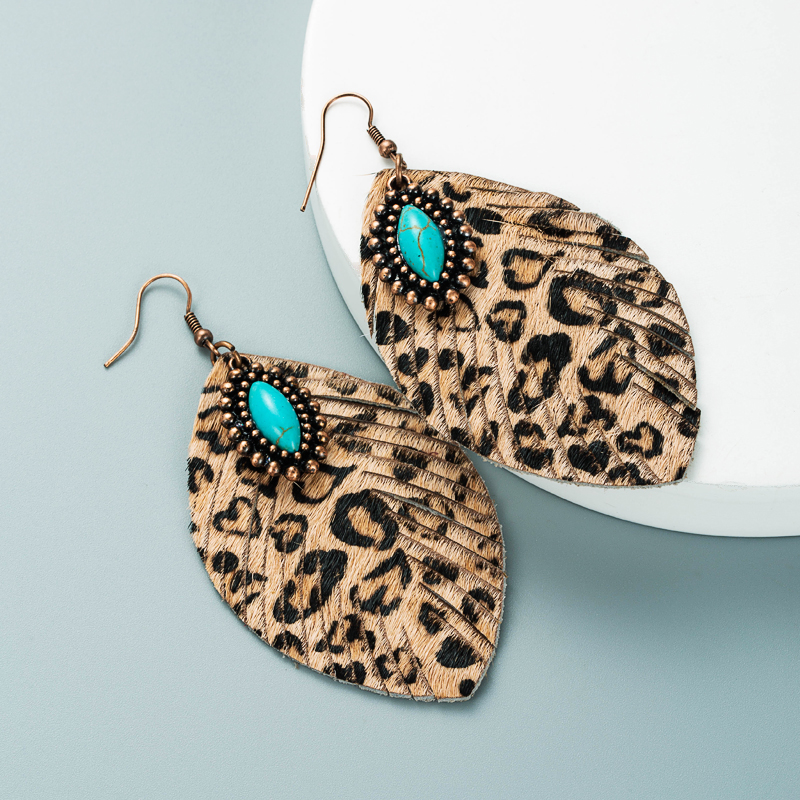 Retro Leather Turquoise Earrings display picture 3