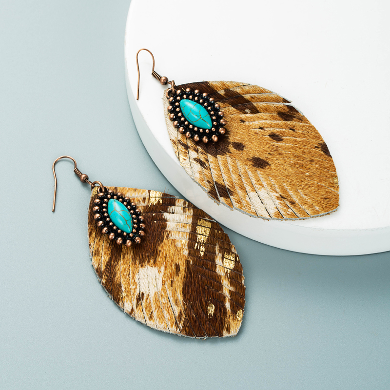 Retro Leather Turquoise Earrings display picture 4