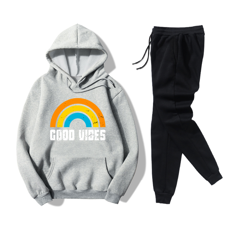 Hooded Rainbow Letters Printed Sweater Casual Pants Fleece Two-piece Suit display picture 1