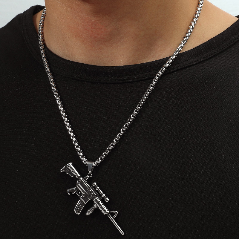 European And American Personality Hip Hop Rock Stainless Steel Gun Pendant Men's Necklace display picture 1